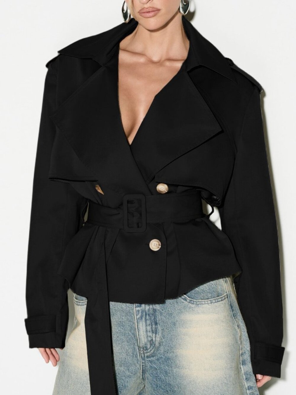 Black Sleek Women's Cropped Shoulder Pad Double-Breasted Trench Coat - Picture 5 of 5